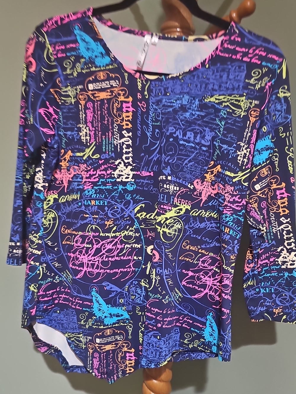 Lulu-B Neon Script Print Long Sleeve Top - Navy with Pink, Blue, Yellow - Size S